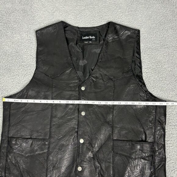 Leather Works Mens 2XL Patchwork Black Genuine Leather Snap Vest Pockets - Picture 5 of 16